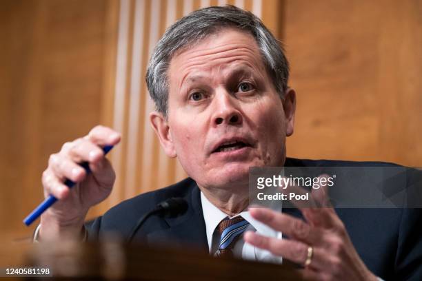 Sen. Steve Daines, R-Mont., questions Treasury Secretary Janet Yellen during the Senate Banking, Housing, and Urban Affairs Committee hearing titled...