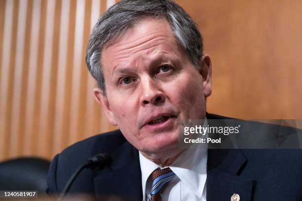 Sen. Steve Daines, R-Mont., questions Treasury Secretary Janet Yellen during the Senate Banking, Housing, and Urban Affairs Committee hearing titled...