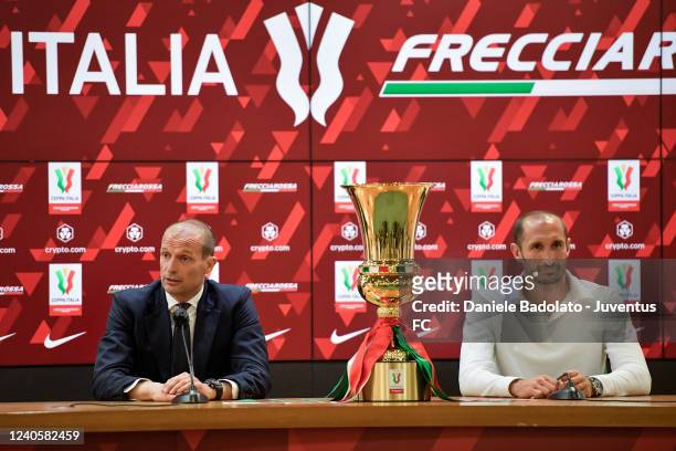 Massimiliano Allegri, Giorgio Chiellini of Juventus during a press conference at Stadio Olimpico on May 10, 2022 in Rome, Italy.