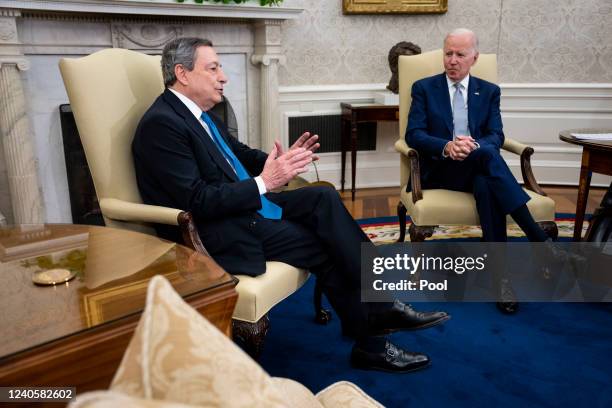 Italian Prime Minister Mario Draghi meets with U.S. President Joe Biden in the Oval Office of the White House campus May 10, 2022 in Washington, DC....