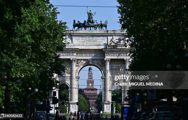 Photo taken on May 10, 2022 shows the Sforza castle and the Arch of Peace by Italian architect Luigi Cagnola, located northwest of Parco Sempione in...