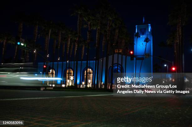Los Angeles, CA Union Station in Los Angeles is lit in turquoise on Monday, May 9, 2022 for the American Lung Association's Lung Force campaign on...