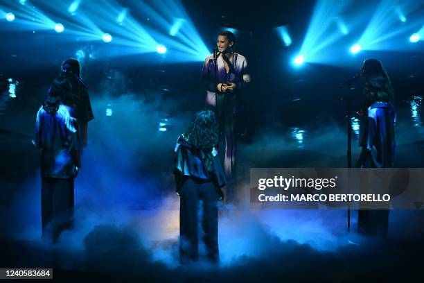 Singer Maro performs on behalf of Portugal during the first semifinal of the Eurovision Song contest 2022 on May 10, 2022 at the Palalpitour venue in...