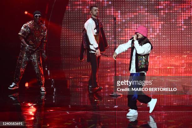 Members of the band "Kalush Orchestra" perform on behalf of Ukraine during the first semifinal of the Eurovision Song contest 2022 on May 10, 2022 at...