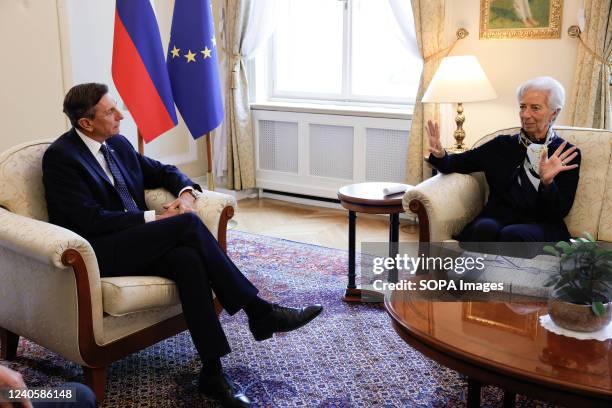 President of European Central Bank Christine Legarde speaks to Slovenian president Borut Pahor during her visit in Ljubljana. Legarde is visiting...
