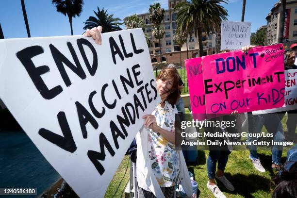 Los Angeles, CA Wendy L. Kaysing, who has grandchildren in the LAUSD, rallys in opposition to LAUSD's COVID-19 vaccination mandate for students...