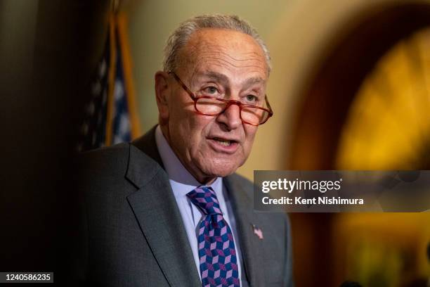 Senate Majority Leader Chuck Schumer attends a news conference on Capitol Hill on Tuesday, May 10, 2022 in Washington, DC.