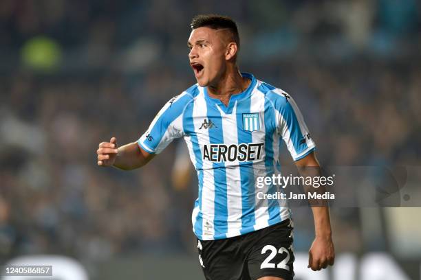 Carlos Alcaraz of Racing Club celebrates after scoring his team's second goal during a quarterfinal match of Copa De la Liga 2022 between Racing Club...