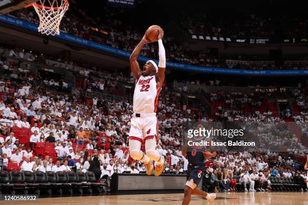 Jimmy Butler of the Miami Heat dunks the ball during the game against the Philadelphia 76ers during Game 5 of the 2022 NBA Playoffs Eastern...