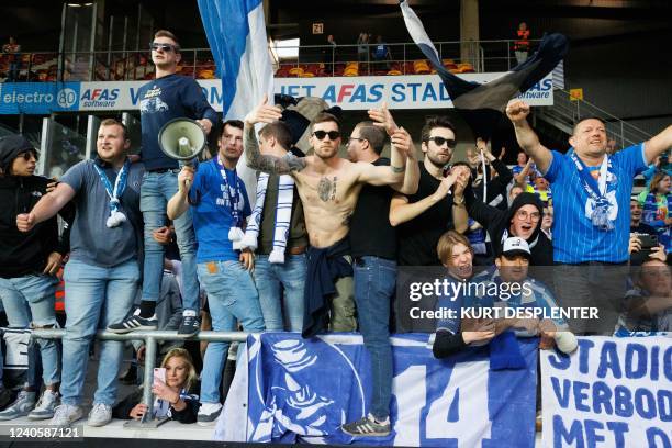 Gent's supporters celebrate after winning a soccer match between KV Mechelen and KAA Gent, Tuesday 10 May 2022 in Mechelen, on day 4 of the 'Europe'...