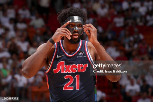 Joel Embiid of the Philadelphia 76ers looks on during the game against the Miami Heat during Game 5 of the 2022 NBA Playoffs Eastern Conference...