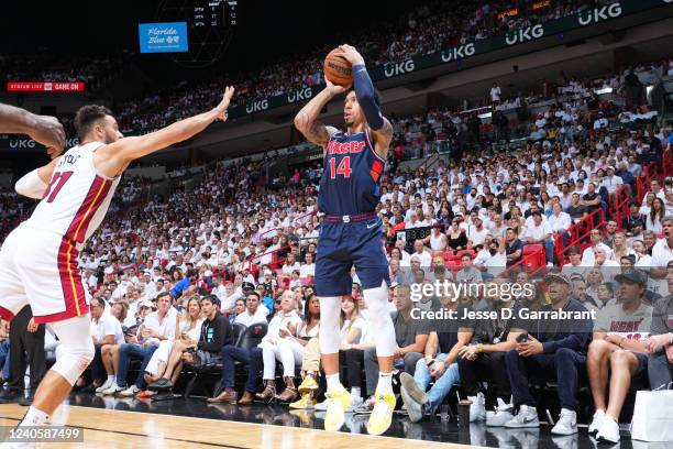 Danny Green of the Philadelphia 76ers shoots a three-pointer against the Miami Heat during Game 5 of the 2022 NBA Playoffs Eastern Conference...