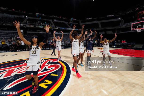 Indiana Fever celebrate after the win against the Minnesota Lynx on May 10, 2022 at Bankers Life Fieldhouse in Indianapolis, Indiana. NOTE TO USER:...
