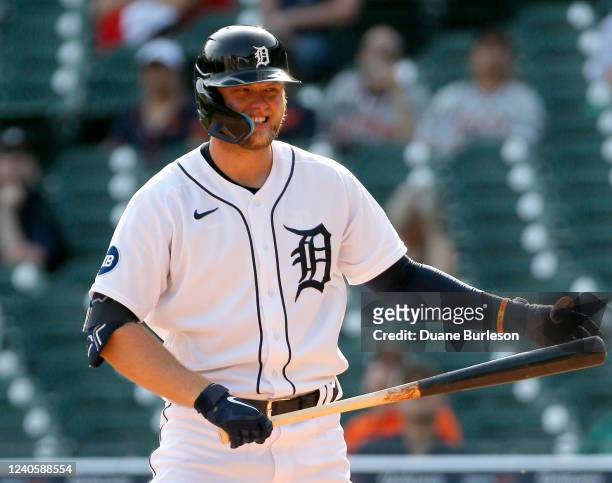 Austin Meadows of the Detroit Tigers smiles during an at-bat in the seventh inning of Game Two of a doubleheader against the Oakland Athletics at...