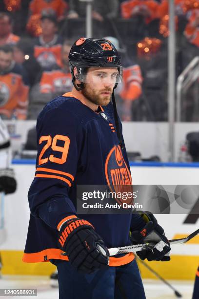 Leon Draisaitl of the Edmonton Oilers warms up prior to Game Five of the First Round of the 2022 Stanley Cup Playoffs against the Los Angeles Kings...