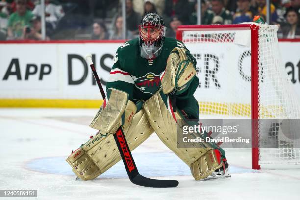 Marc-Andre Fleury of the Minnesota Wild defends his net against the St. Louis Blues in the first period in Game Five of the First Round of the 2022...