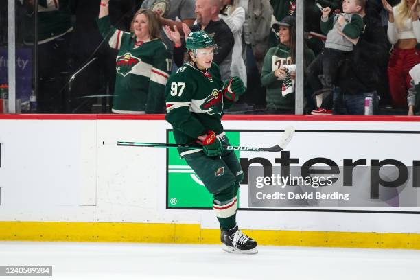 Kirill Kaprizov of the Minnesota Wild celebrates a power play goal for his second goal of the night against the St. Louis Blues in the first period...