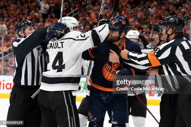 Zack Kassian of the Edmonton Oilers battles against Phillip Danault of the Los Angeles Kings during the second period in Game Five of the First Round...