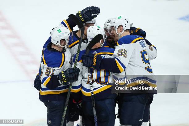 Vladimir Tarasenko of the St. Louis Blues celebrates scoring the third goal of his hat trick, all in the third period, against the Minnesota Wild in...