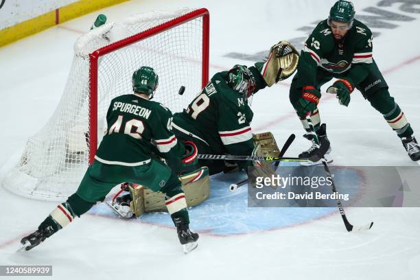 Shot by Vladimir Tarasenko of the St. Louis Blues gets past Marc-Andre Fleury of the Minnesota Wild for Tarasenko's second of three goals in the...