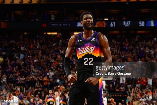 Deandre Ayton of the Phoenix Suns celebrates against the Dallas Mavericks during Game 5 of the 2022 NBA Playoffs Western Conference Semifinals on May...