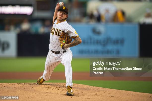 Mike Clevinger of the San Diego Padres pitches in the first inning against the Chicago Cubs on May 10, 2022 at Petco Park in San Diego, California.