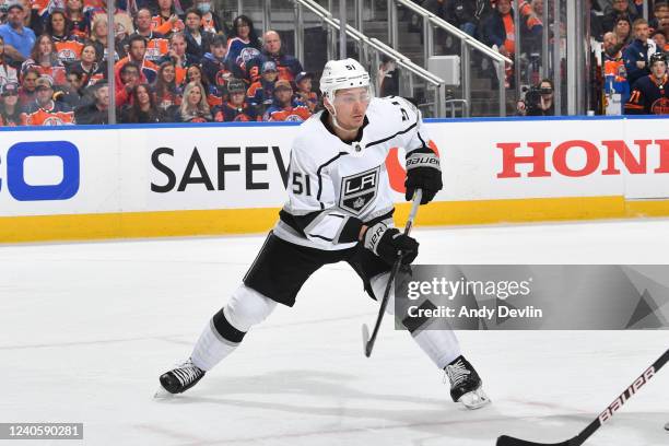 Troy Stecher of the Los Angeles Kings skates during Game Five of the First Round of the 2022 Stanley Cup Playoffs against the Edmonton Oilers on May...