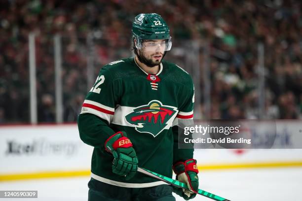 Kevin Fiala of the Minnesota Wild looks on against the St. Louis Blues in the second period in Game Five of the First Round of the 2022 Stanley Cup...