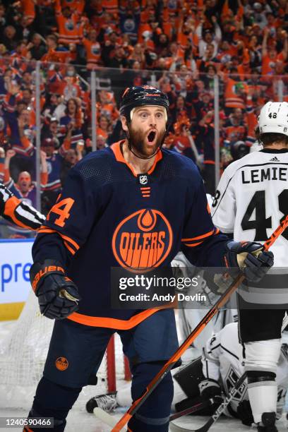 Zack Kassian of the Edmonton Oilers celebrates after a goal during Game Five of the First Round of the 2022 Stanley Cup Playoffs against the Los...