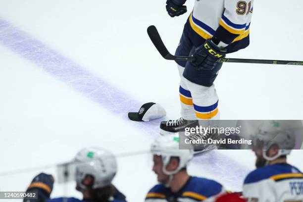 Hat is thrown on the ice to celebrate a hat trick by Vladimir Tarasenko of the St. Louis Blues who scored all three of his goals in the third period...