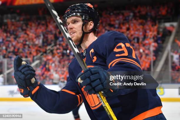 Connor McDavid of the Edmonton Oilers celebrates after a goal during Game Five of the First Round of the 2022 Stanley Cup Playoffs against the Los...