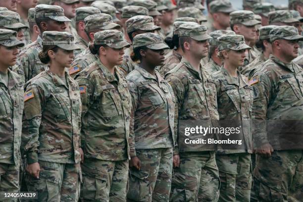 Army soldiers attend the opening ceremony of the Resolute Castle 22 NATO exercise, with participating forces from Romania, US and UK, at the Getica...