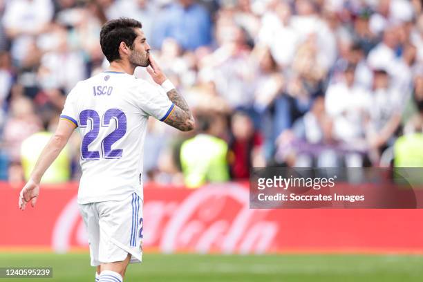 Isco Alarcon of Real Madrid celebrates a cancelled goal during the La Liga Santander match between Real Madrid v Espanyol at the Santiago Bernabeu on...