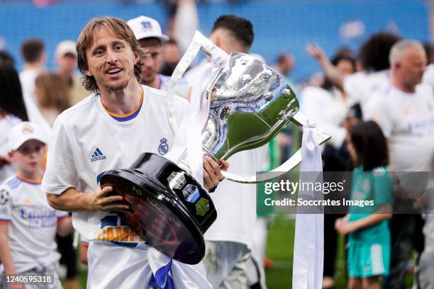 Luka Modric of Real Madrid with La Liga Trophy during the La Liga Santander match between Real Madrid v Espanyol at the Santiago Bernabeu on April...