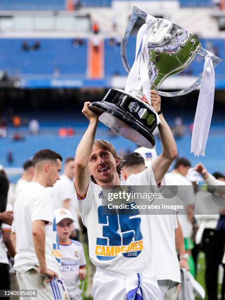 Luka Modric of Real Madrid with La Liga Trophy during the La Liga Santander match between Real Madrid v Espanyol at the Santiago Bernabeu on April...