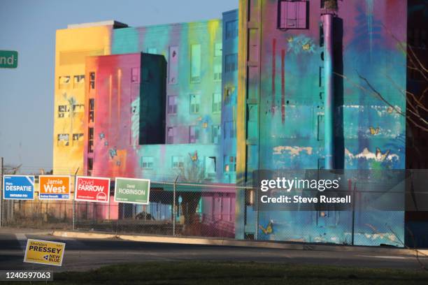 Candidate signs are as colourful as the old General Hospital site that now spots the biggest metal in Canada in Sudbury. May 8, 2022.