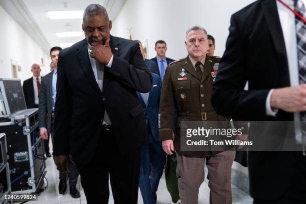 Secretary of Defense Lloyd J. Austin III, left, and Gen. Mark A. Milley, chairman of the Joint Chiefs of Staff, arrive for the House Appropriations...
