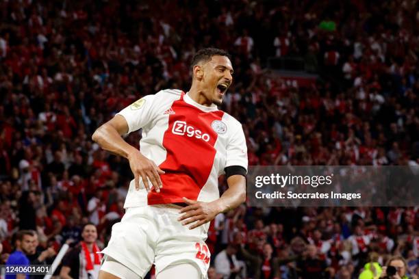 Sebastien Haller of Ajax celebrates 3-0 during the Dutch Eredivisie match between Ajax v SC Heerenveen at the Johan Cruijff Arena on May 11, 2022 in...