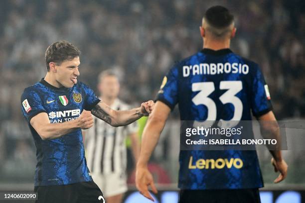 Inter Milan's Italian midfielder Nicolo Barella celebrates after opening the scoring during the Italian Cup final football match between Juventus and...