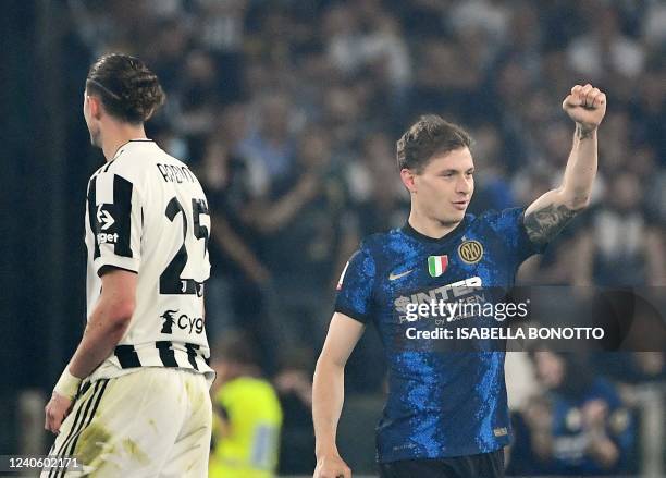 Inter Milan's Italian midfielder Nicolo Barella celebrates after opening the scoring during the Italian Cup final football match between Juventus and...