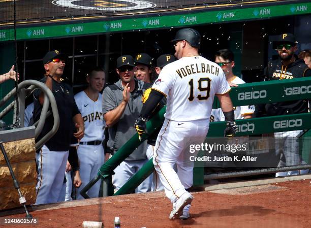 Daniel Vogelbach of the Pittsburgh Pirates celebrates after hitting a solo home run in the seventh inning against the Los Angeles Dodgers during the...