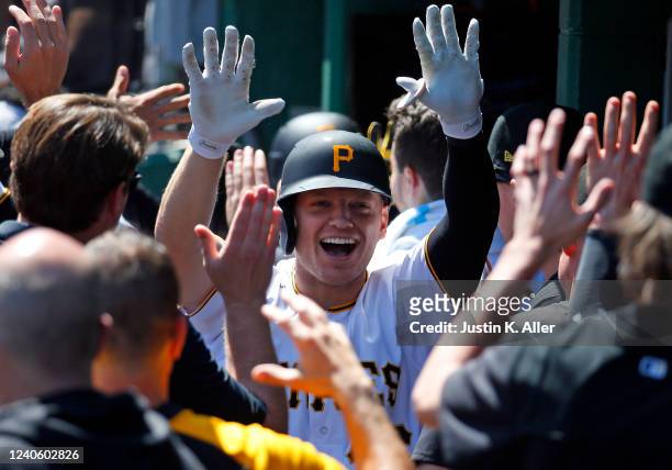 Josh VanMeter of the Pittsburgh Pirates celebrates after hitting a two run home run in the sixth inning against the Los Angeles Dodgers during the...
