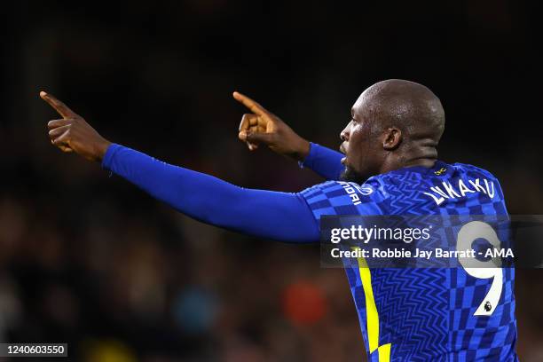 Romelu Lukaku of Chelsea celebrates after scoring a goal to make it 0-3 during the Premier League match between Leeds United and Chelsea at Elland...