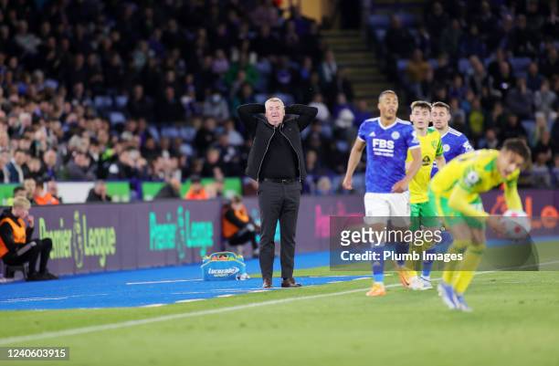 Norwich City Manager Dean Smith during the Premier League match between Leicester City and Norwich City at King Power Stadium on May 11, 2022 in...