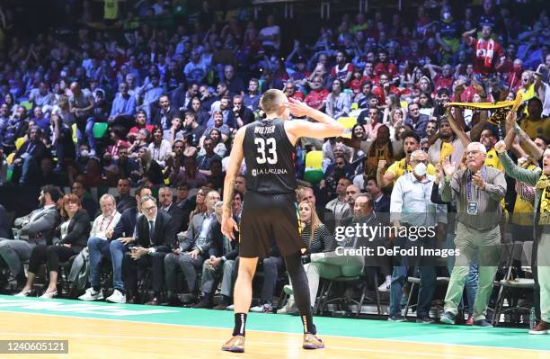 Kyle Wiltjer gestures during the Basketball Champions League final match between Baxi Manresa and CB 1939 Canarias at Bilbao Arena on May 8, 2022 in...