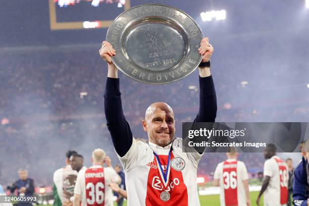 Coach Erik Ten Hag of Ajaxcelebrating the championship with the trophy dish during the Dutch Eredivisie match between Ajax v SC Heerenveen at the...