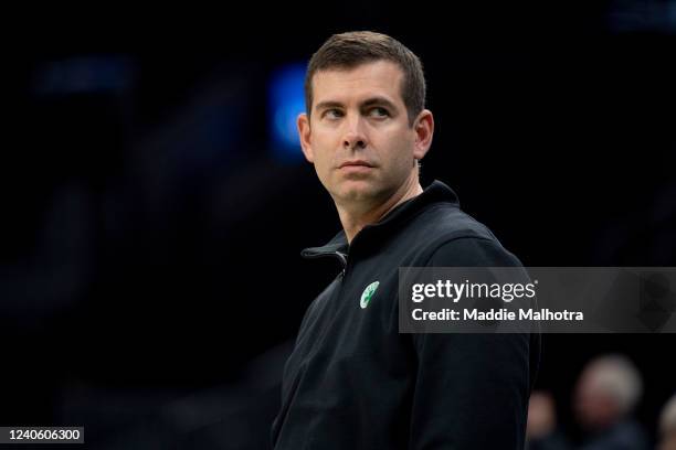 Boston Celtics President of Basketball Operations Brad Stevens looks on before Game Five of the Eastern Conference Semifinals between the Milwaukee...