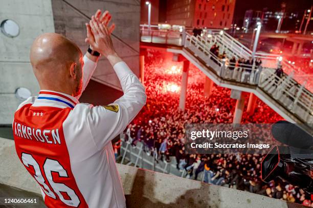 Coach Erik Ten Hag of Ajax celebrating the championship with the supporters during the Dutch Eredivisie match between Ajax v SC Heerenveen at the...