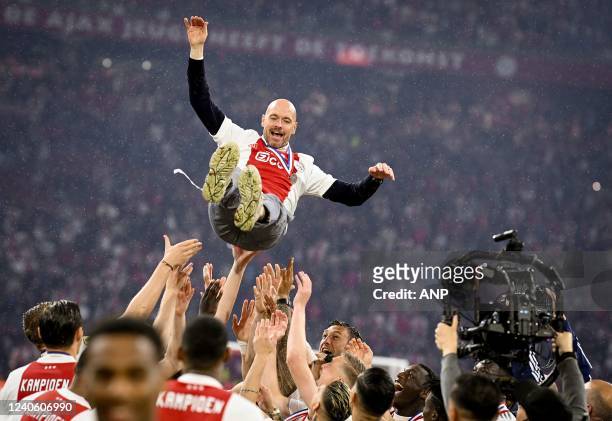 Ajax coach Erik ten Hag celebrates the national championship with his selection after the Dutch Eredivisie match between Ajax Amsterdam and sc...