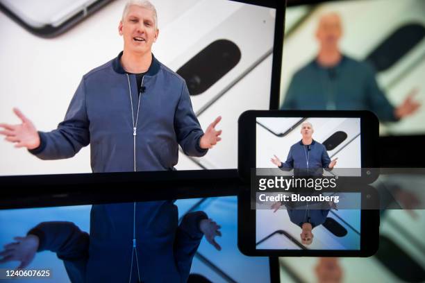Rick Osterloh, senior vice president of devices and services at Google, speaks during the virtual Google I/O Developers Conference in New York, US,...